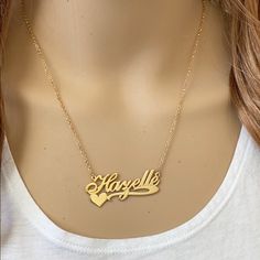 Description: 925 Sterling Silver Gold Plated Name Plate Heart Necklace - Hazelle (Double Thick Name Plate) Item No.: C01 Metal Type: Guaranteed .925 Sterling Silver With Stamped 925 Finish: 14k Gold Over Sterling Silver Measurement: 18 Inches. Pendant: 1.75 X 0.75" Brand New. Never Worn Elegant Custom Name Heart Necklace For Anniversary, Silver Double Heart Name Necklace, Silver Double Heart Custom Name Necklaces, Silver Elegant Heart Necklace With Custom Name, Silver Elegant Double Heart Name Necklace, Elegant Silver Heart Necklace With Custom Name, Classic Necklace For Personalized Gift, Elegant Double Heart Custom Name Jewelry, Elegant Double Heart Custom Name Necklace