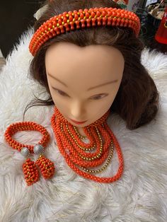 Hand made set 4 piece set Orange Round Beads Costume Jewelry, Orange Round Beads Jewelry For Gift, Adjustable Orange Costume Jewelry, Orange Adjustable Costume Jewelry, Traditional Orange Jewelry As A Gift, Traditional Orange Jewelry For Gift, Elegant Handmade Orange Jewelry, Handmade Orange Costume Jewelry, Adjustable Orange Bangle Jewelry