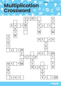 the worksheet for multiplication crossword is shown in blue and white