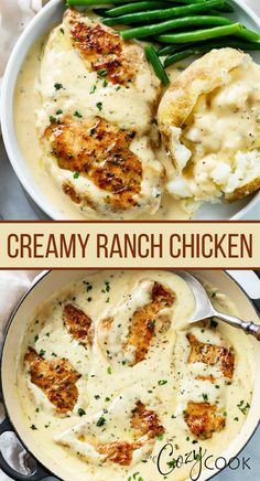 Ranch Chicken in a creamy sauce in a skillet and on a plate with a baked potato.