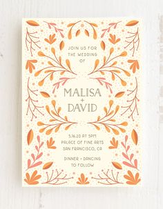 an orange and white wedding card with the words,'join us for the wedding of maisa and david '