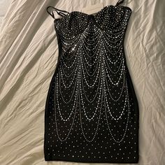 New With Tags Perfect Condition Runs Small Rhinestone Dress For Night Out, Rhinestone Dress For Evening Night Out, Glamorous Evening Mini Dress With Rhinestones, Evening Dress With Rhinestones For Night Out, Evening Dresses With Rhinestones For Night Out, Black Sparkling Evening Dress, Bedazzled Dresses For Night Out And Party Season, Black Mini Dress With Rhinestones For Party, Black Sparkling Mini Dress For Night Out