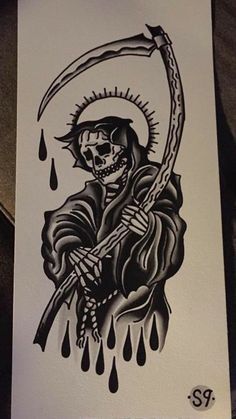 a black and white drawing of a skeleton with a sculler on it's shoulder