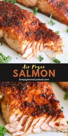 salmon fillets on a white plate with parsley