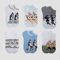 This 6-Pack of Bluey No-Show Socks brings cute flair to their footwear. Made from lightweight fabric with a hint of spandex, these no-show socks offer their feet all-day stretchy comfort. This pack includes six pairs, each featuring a different graphic of Bluey and her friends, making them a fun pairing with different shoes and a sure hit with your young Bluey fan. Comfortable Blue No-show Socks, White Fun Non-slip Socks, Fun White Non-slip Socks, White Non-slip Fun Socks, Comfortable Blue Socks For Playtime, White Sporty Socks For Playtime, Blue Non-slip Stretch Socks, White No-show Socks For Summer, Blue Stretch Non-slip Socks