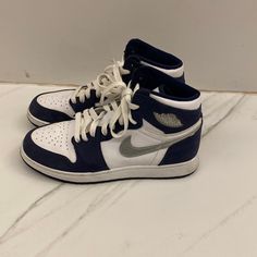 Worn A Few Times, Good And Clean Condition. Jordan Midnight Navy, Shoes Nike Jordan, Nike Silver, Midnight Navy, Shoes Nike, Navy Color, Silver Blue, Nike Jordan, Blue And Silver