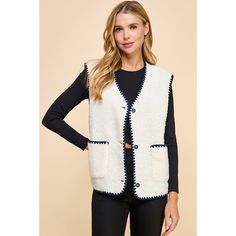 Sherpa vest featuring Contrast stitching Button down detailing front pockets 100% polyester color: cream White Vest With Button Closure For Fall, Sleeveless Cream Outerwear For Fall, Sherpa Vest, Kendra Scott Necklace, Mind Over Matter, Capri Blue, Sneaker Heels, Denim Pant, Dress Romper