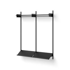 a black shelf with two shelves on each side and one shelf above the other, in front of a white background