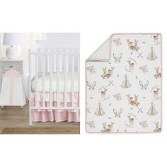 a baby crib bedding set with deer and flowers on it, next to a white crib