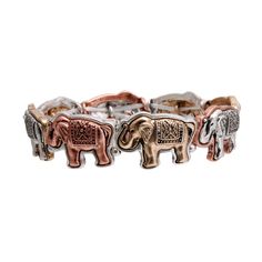 Mixed Burnished Metal Engraved Elephant Stretch Bracelet. Bracelet measures .75 inches wide Elephant Bracelet, Beaded Cuff, Fashion Jewelry Earrings, Mixed Metals, Stretch Bracelet, Stretch Bracelets, Jewelry Care, Fashion Watches, Types Of Metal