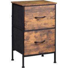 an industrial style wooden and metal filing cabinet with two drawers, one drawer open to reveal the