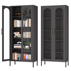 a tall bookcase with two doors open and books on the shelves in front of it