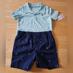 New With Tags Navy Cotton Sets For Spring, Casual Navy Sets For Spring, Light Blue Casual Playtime Sets, Casual Light Blue Playtime Set, Light Blue Casual Sets For Playtime, Casual Light Blue Sets For Playtime, Navy Cotton Playtime Sets, Cotton Navy Sets For Playtime, Navy Tops For Playwear In Summer