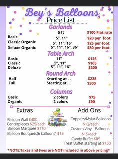 a flyer with prices for balloons and other items