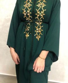 Caftan , Moroccan Hand Beaded Green Kaftan , Green Abaya , Dubai Gown Gold Abaya, Green Abaya, Green Kaftan, Caftan Moroccan, Ethnic Dress, Green Bead, Hand Beading, Green And Gold, Morocco