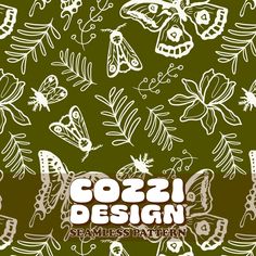 a green background with white butterflies and leaves on it, the words cozl design written