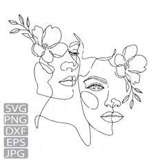 a line drawing of two women with flowers in their hair and the words svg png dxf eps