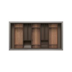 an open cabinet with wooden doors and drawers