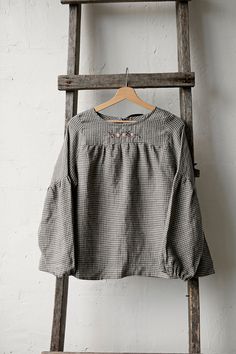 Victorian tunic is made from 100% soft and washed linen.  Details: - Colour: Grey gingham - Composition: 100% Oeko-Tex certified linen - Peach ribbon in the back - Ruffled long sleeves - Medium weight linen - Linen care: machine wash gentle; tumble dry low, ironing optional - The price is for one tunic, other pictured items are not included Spring Plaid Linen Shirt, Spring Cottagecore Linen Blouse, Cottagecore Linen Tops For Spring, Spring Cottagecore Linen Tops, Plaid Linen Tops For Spring, Spring Plaid Linen Top, Cottagecore Tops, Homemade Closet, Women Linen Shirt