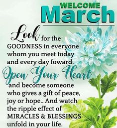 a blue flower sitting on top of a green leafy plant with the words welcome march