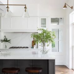 a kitchen with two stools next to an island and potted plant on the counter