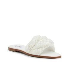 Steve Madden-Ecstatic Sandal Slip into a easy elegance with the Ecstatic sandals from Steve Madden. This pair features the ease of sporty slides but is crafted with delicate embellishments along the strap. Elegant White Open Toe Slides, Elegant White Slides For Spring, Elegant Flat Heel Slides For Beach, Elegant Slides For The Beach, Spring Embellished White Sandals, Elegant Slide Sandals For Vacation, Elegant Synthetic Slides For Beach, Elegant Open Toe Slides For Beach, Elegant Open Toe Beach Slides