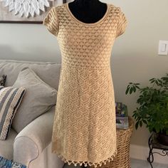 New With Tags! Gorgeous Sweater Dress For Fall. Dress Has An Attached Slip Inside. Gold Metalli Color! Beige Short Sleeve Crochet Dress For Spring, Casual Knee-length Crochet Dress For Spring, Beige Fitted Crochet Dress Knee-length, Fitted Knee-length Spring Crochet Dress, Fitted Knee-length Crochet Dress For Spring, Beige Fitted Knee-length Crochet Dress, Casual Beige Sheath Dress, Ponte Knit Dress, Fall Sweater Dress