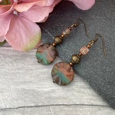 Boho Drop Earrings, Beaded Earrings, Dangle Earrings, Bronze Jewellery, Vintage Style, Gift for Her - Etsy Earthy Bronze Dangle Jewelry, Bohemian Bronze Earrings With Dangling Beads, Earthy Beaded Drop Earrings, Handmade Czech Glass Drop Earrings, Czech Glass Beaded Drop Earrings, Beaded Copper Jewelry Gift, Bohemian Bronze Earrings With Round Beads, Copper Beaded Jewelry For Gifts, Copper Beaded Jewelry For Gift