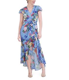 Eliza J Floral Print V-Neckline Ruffle Cap Sleeves Wrap Waist Asymmetrical Hem Dress | Dillard's Summer Chiffon Dress With Surplice Neckline For Party, Spring Chiffon Wrap Dress Maxi Length, Summer Party Chiffon Dress With Surplice Neckline, Blue Floral Print Maxi Dress With Asymmetrical Hem, Multicolor V-neck Chiffon Dress For Vacation, Multicolor Floral Print Chiffon Dress V-neck, Flowy Chiffon Wrap Dress, Flowy V-neck Multicolor Chiffon Dress, Summer Chiffon Wrap Dress With Surplice Neckline