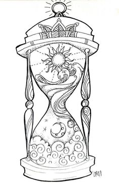 a drawing of an hourglass with sun and moon on it, in black and white