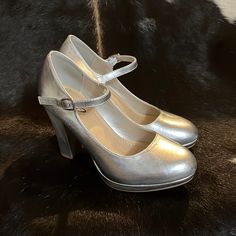 Ynot? Size 7,Sliver Mary Jane Block Heels, Never Worn, Has A Pen Size Indention On Left Shoe Shown In Picture. Silver Heels Thick Heel, Silver Mary Janes, Silver Heels Closed Toe, Silver Shoes Low Heel, Silver Formal Shoes, Grad Shoes, Sliver Heels, Silver Heels Prom, Silver Platform Heels