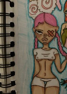 a drawing of a girl with pink hair holding a bird in her hand and an angel above her head