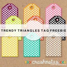 four colorful tags with the words trendy triangles tag freebiee on them in different colors