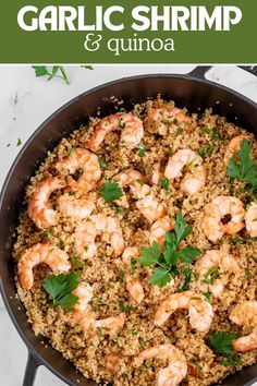 garlic shrimp and quinoa in a skillet with parsley on top