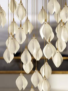 a chandelier with white flowers hanging from it