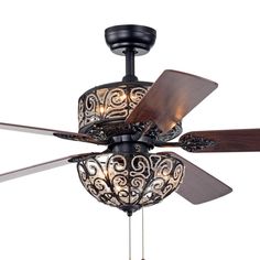 a ceiling fan with two wooden blades and an intricate design on the blade is hanging from it