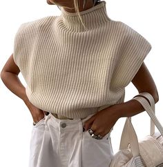 Passec Women's Turtleneck Knit Sweater Vest Shoulder Pad Sleeveless Knitted Sweater Jumpers Apricot at Amazon Women’s Clothing store Sleeveless Turtleneck Sweaters, Casual Turtleneck, Winter Knitwear, Sleeveless Turtleneck, Stylish Sweaters, Womens Turtleneck, Knitwear Tops, Casual Tank Tops