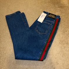 Brand New With Tags 100% Authentic Gucci Web Stripes Jeans Mens Sz 30 Or 32. The Strip Is Only On One Side Of The Pants Not On Both Bought At The Gucci Store Gucci Blue Straight Leg Jeans, Gucci Casual Blue Jeans, Casual Blue Gucci Jeans, Classic Gucci Denim Jeans, Luxury Blue Jeans, Gucci Jeans Mens, Gucci Menswear, Jeans Gucci, Luxury Jeans