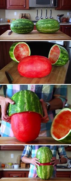 watermelon being cut into pieces and placed on top of each other in the kitchen