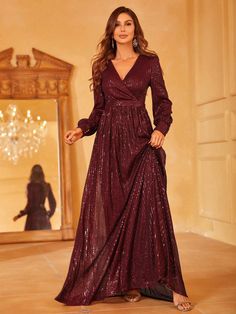 Product Code: FSWD1405 Embellishment: Sequin Fabric: 100% Polyester Back Style: Zipper Up,Deep V Neck Fully Lined: Yes Built-in Bra: No Available Color: Burgundy Stretch: Moderate Fits true to size Imported Model Information: Height: 5' 2" Bust: 32'' Waist: 26“ Hips: 37” wearing US size Small New Model Gown Design, Color Dress Code Wedding, Uzbekistan Wedding, Dress For Wedding Reception, Party Wear One Piece, Gown Models, Long Evening Dresses Elegant, Gown Dress Party Wear, Evening Long Dress