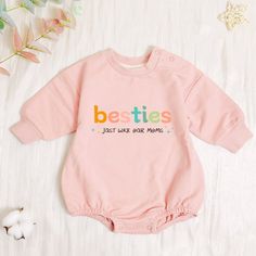 👼Pick a soft and comfortable second generation bestie romper for your little one! 💕We offer many colors: brown, white, light mauve, green, natural and white 💕The fabric of the clothing is cotton, very skin-friendly, and excellently crafted. ✔️ Ordering Instructions 1 - Please refer to the size chart images provided in the listing for details on available sizes, styles, and colors. 2 - Choose your desired shirt color from the dropdown menu below. Long Sleeve Pink Onesie With Cartoon Print, Pink Long Sleeve Onesie With Cartoon Print, Long Sleeve Cotton Bodysuit With Cartoon Print, Cotton Long Sleeve Bodysuit With Cartoon Print, Casual Long Sleeve Bodysuit With Cartoon Print, Pink Cartoon Print Onesie For Loungewear, Cute Pink Long Sleeve Onesie, Pink Onesie With Letter Print For First Birthday, Cute Pink Onesie With Letter Print