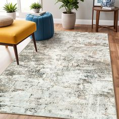 a living room area with a rug, chair and potted plant