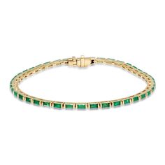 Clean and modern, this tennis bracelet is set with bright green emeralds. This is an excellent choice for someone looking to start a stunning arm stack or add some flair to a stack they already have. Available in 14k yellow, rose or yellow gold 1.95ctw emeralds 6.5" long By Eriness Please allow 2-6 weeks for delivery Emerald Tennis Bracelet, Jewelry Emerald, Emerald Bracelet, Stackable Bracelets, Silver Bars, Bracelet For Women, Braided Bracelets, Tennis Bracelet, Gold Bangles