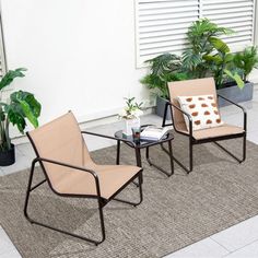 two chairs sitting on top of a rug next to plants