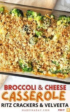 broccoli and cheese casserole in a baking dish with text overlay