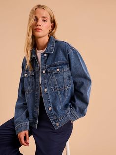 Theo is your classic denim jacket in a dreamy mid-wash with patch pockets and a button front. Wear all year long for a casual cool aesthetic or pair with the Orielle jeans for a double denim look. Jean Jacket With Patches, Oversized Denim Jacket Outfit, Double Denim Looks, Jean Jacket Patches, Cool Aesthetic, Classic Denim Jacket, Double Denim, Blue Jean Jacket, Swimwear Shorts