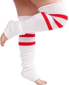 PRICES MAY VARY. Package and material: The package includes a pair of leg warmer socks and a pair of garter belts. The function of the garter belts is to prevent the leg cover from slipping off. Plus size knit leg warmers are made of a nylon and acrylic fabric blend that is soft, comfortable and warm with plenty of stretch. The striped design featured on the top of the ankle warmers adds a stylish touch. Sizes: The length from the top of the leg sleeve to the heel is 27 inches. The maximum stret Winter Leg Warmers For School, Red Stretch Thigh-high Leg Warmers, Red Stretch Thigh High Leg Warmers, Thigh High Winter School Legwear, Fitted Thigh High Hosiery For School, Trendy White Knee-high Socks For School, Trendy White Knee-high School Socks, Stretch Socks For School In Winter, White Stretch Hosiery For School