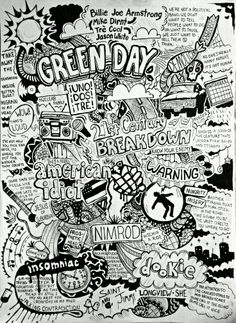 a black and white poster with the words green day written in different languages on it