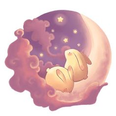 two little pigs are sleeping on the moon in the night sky with stars and clouds