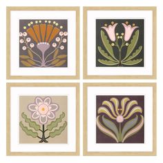 four framed art pieces with flowers and leaves on the same piece, each in different colors